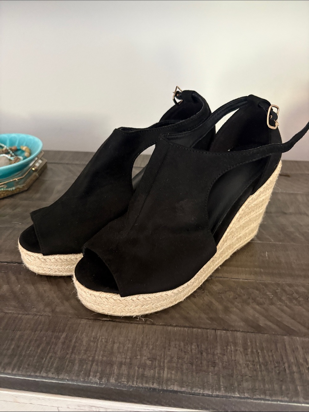 Black Espadrille Wedge Peep-Toe Sandals